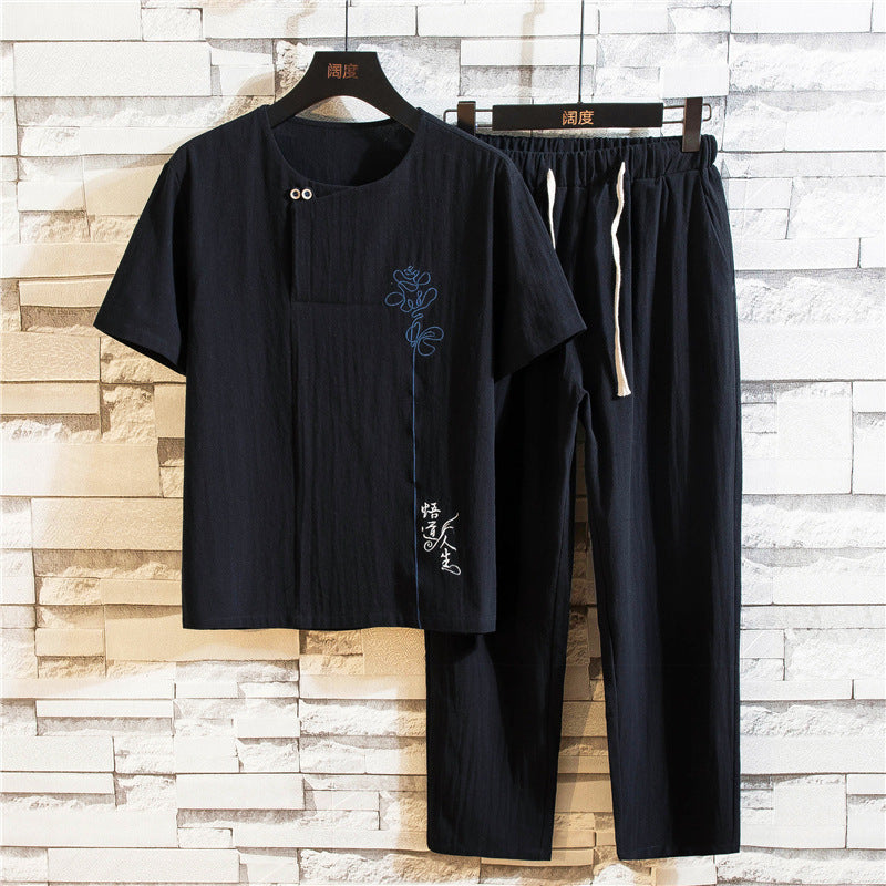 Summer New Linen Suit Men's Fashion Casual Cotton And Linen Short Sleeved Pants