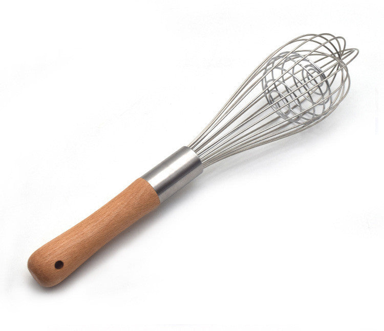 11-Inch Wooden Handle Whisk & Manual Stainless Steel Milk Frother – Handheld Baking & Frothing Tool