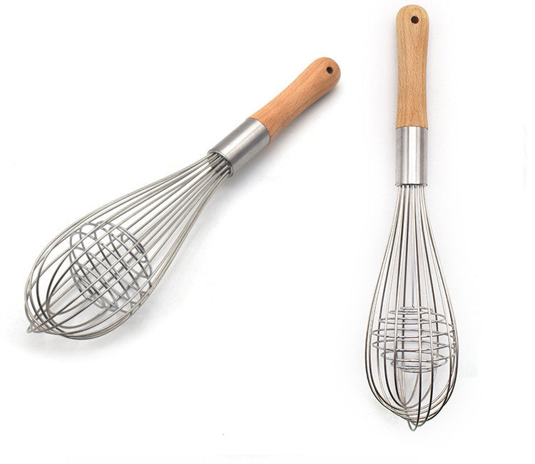 11-Inch Wooden Handle Whisk & Manual Stainless Steel Milk Frother – Handheld Baking & Frothing Tool