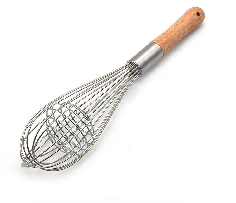 11-Inch Wooden Handle Whisk & Manual Stainless Steel Milk Frother – Handheld Baking & Frothing Tool