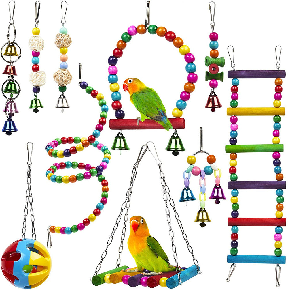Parrot Toy Set – 10-Piece Wooden Beads, Rotating Ladder, Swing, Stand, Chewing Balls, and Climbing Accessories