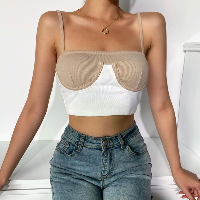 InstaHot Cami Top Women Summer Rib Knit Bikini Patchwork Slash Neck Slim Skinny Backless Crop Top Casual Fashion Strap Tops