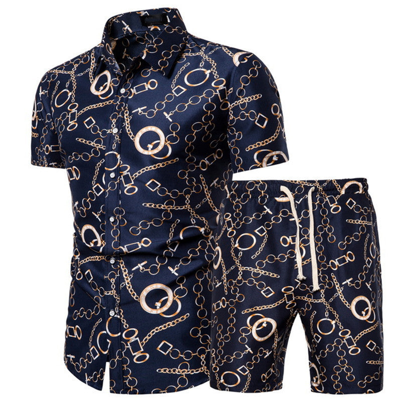 Men's Short-sleeved Shirt Chinese Style Printed Shirt Set