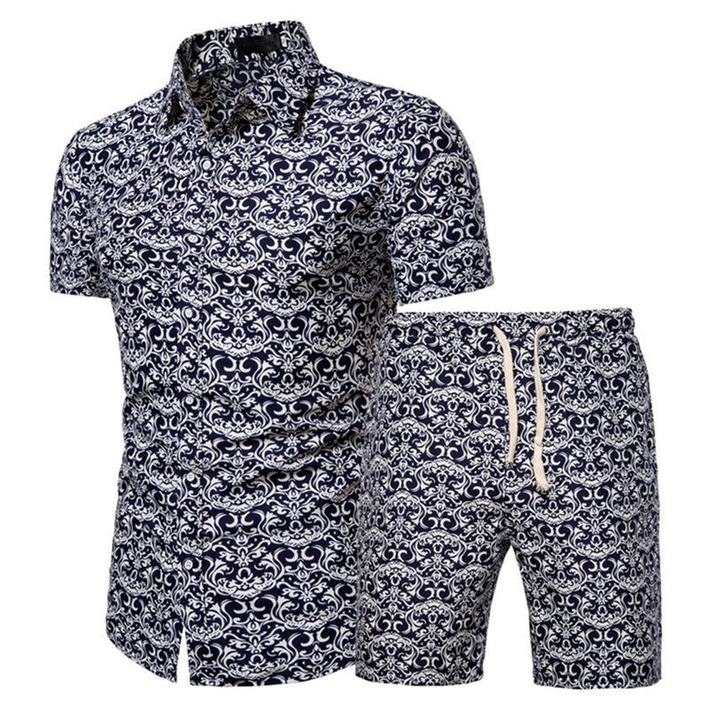 Men's Short-sleeved Shirt Chinese Style Printed Shirt Set