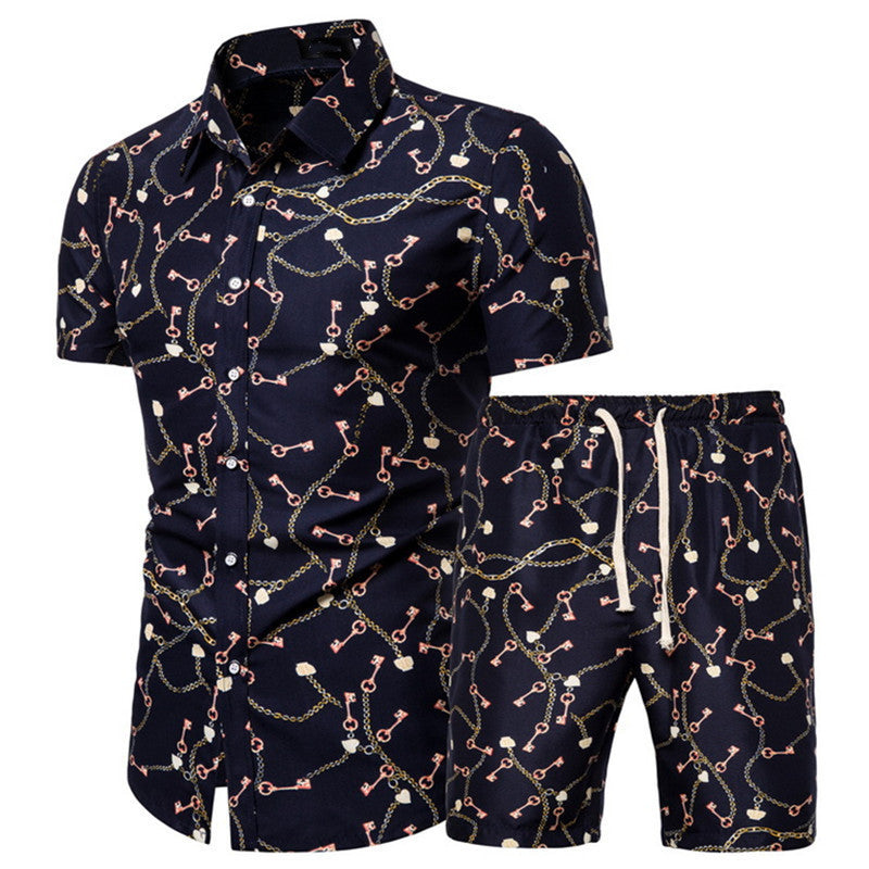 Men's Short-sleeved Shirt Chinese Style Printed Shirt Set