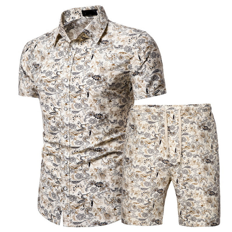 Men's Short-sleeved Shirt Chinese Style Printed Shirt Set