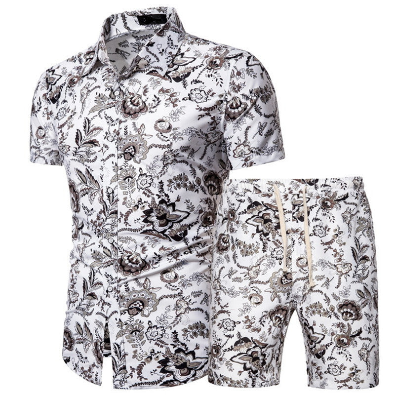 Men's Short-sleeved Shirt Chinese Style Printed Shirt Set