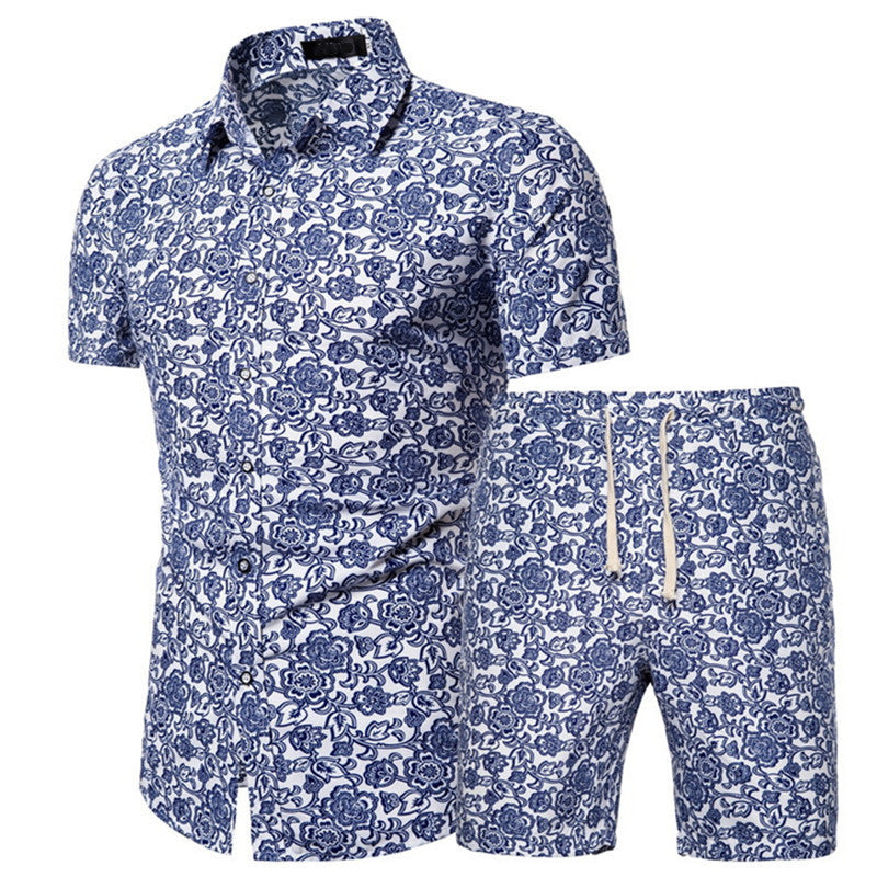 Men's Short-sleeved Shirt Chinese Style Printed Shirt Set