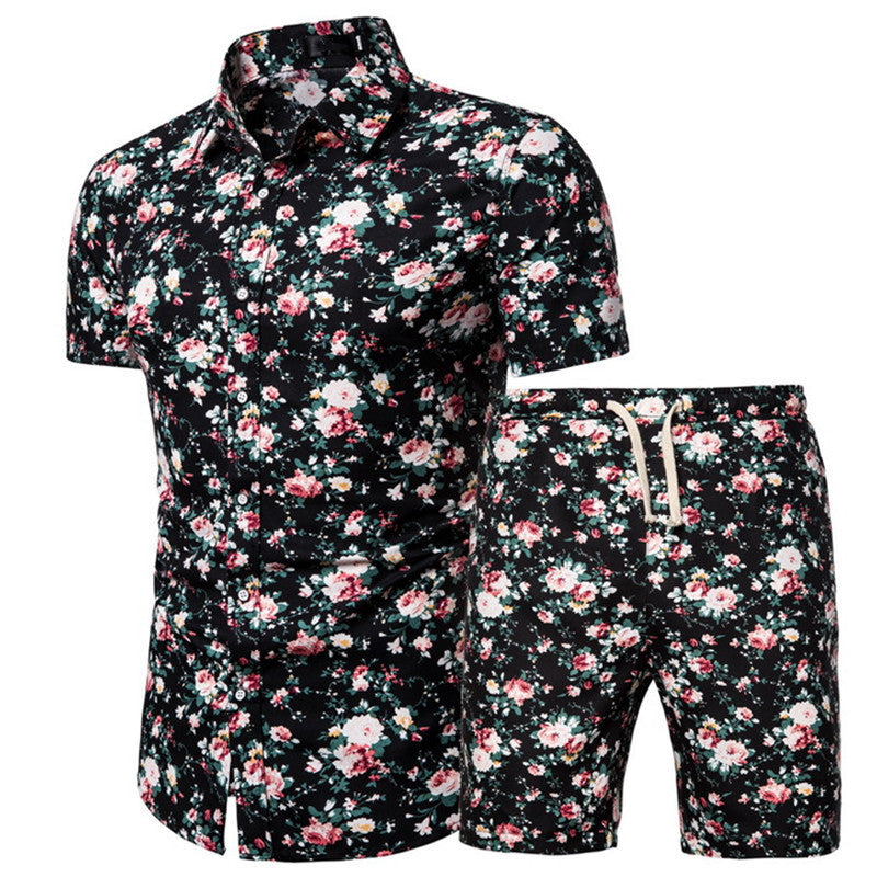Men's Short-sleeved Shirt Chinese Style Printed Shirt Set