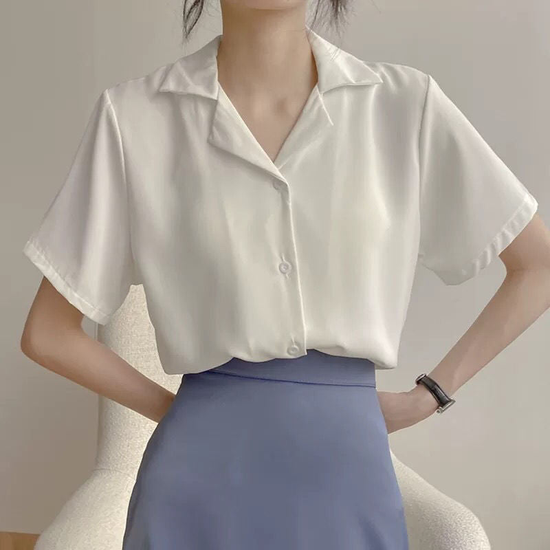 White Chiffon Shirt Women Summer New Temperament V-Neck Blouse All-Match Loose Short-Sleeved Foreign Style Small Shirt