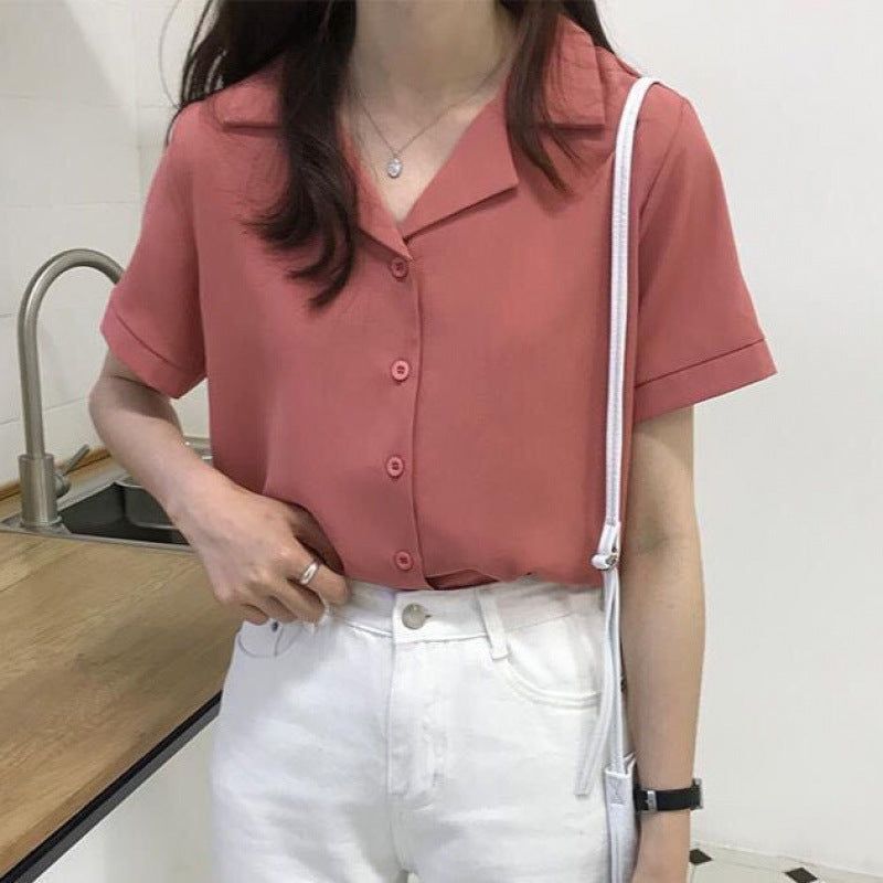 White Chiffon Shirt Women Summer New Temperament V-Neck Blouse All-Match Loose Short-Sleeved Foreign Style Small Shirt