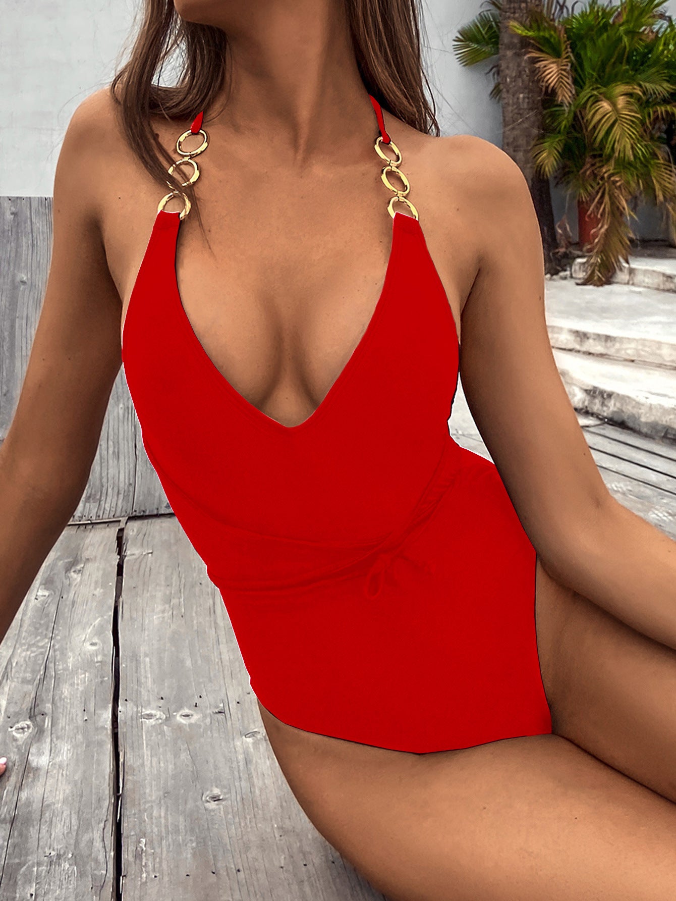 Red & Black Solid Color Nylon One-Piece Swimsuit with Chest Pad