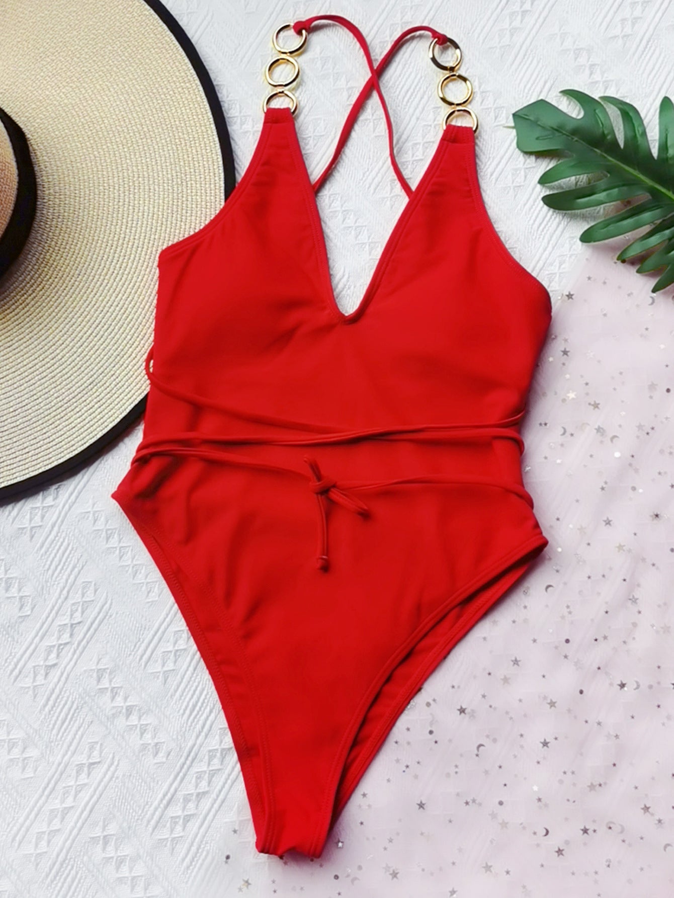 Red & Black Solid Color Nylon One-Piece Swimsuit with Chest Pad