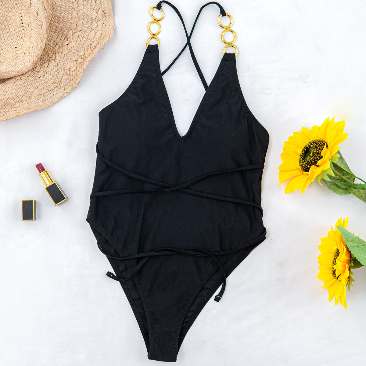Red & Black Solid Color Nylon One-Piece Swimsuit with Chest Pad
