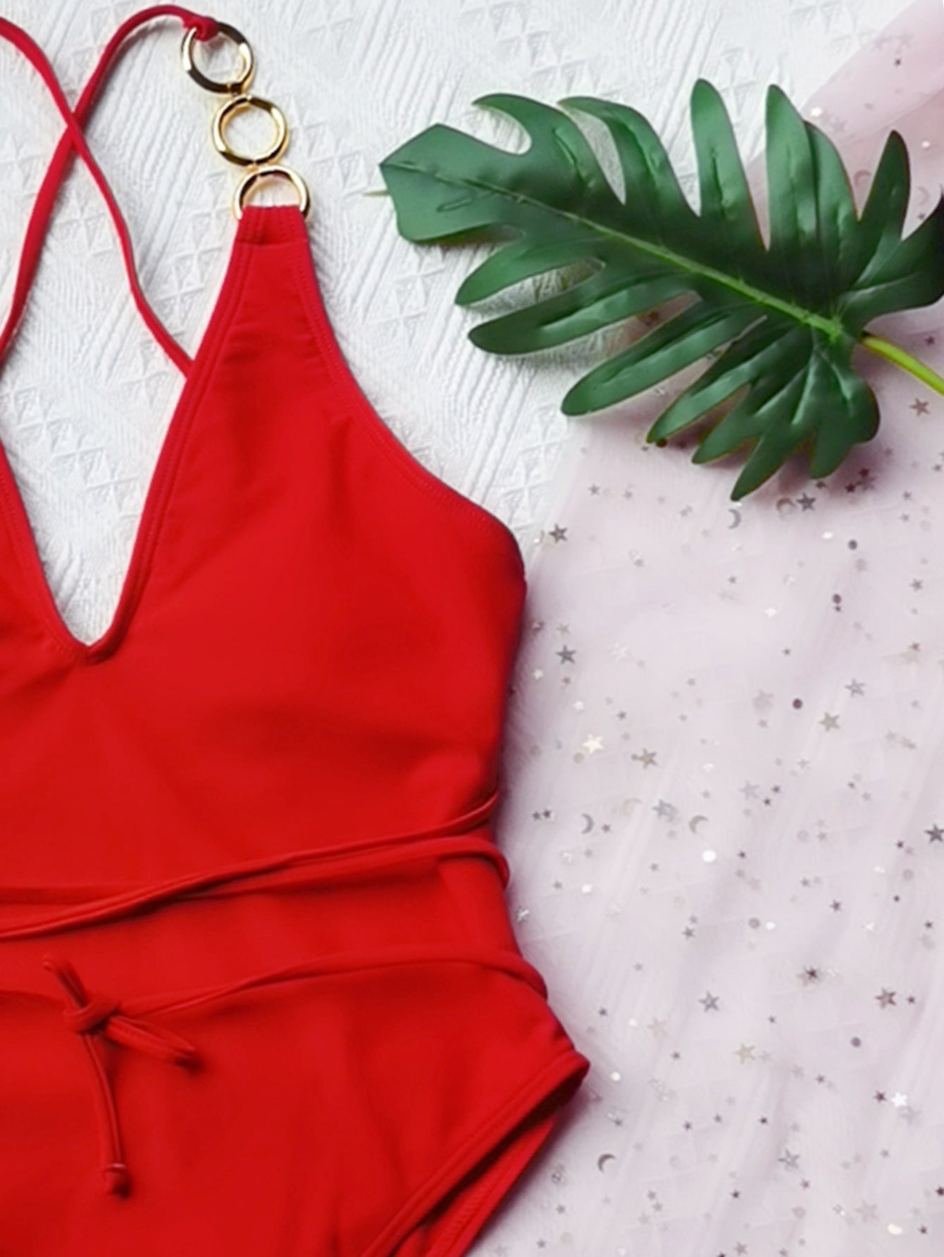 Red & Black Solid Color Nylon One-Piece Swimsuit with Chest Pad