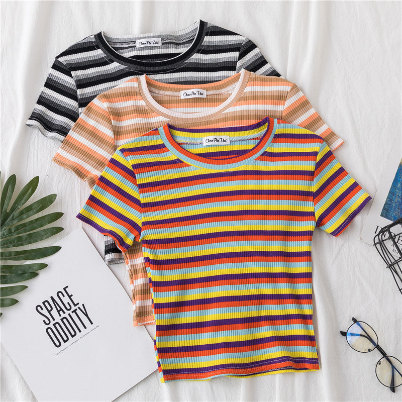 Crop T-shirt Women Short Short Sleeve Rainbow Stripe Tight Navel Small Shirt New HyunA Wind High Waist Top