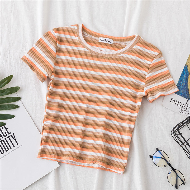 Crop T-shirt Women Short Short Sleeve Rainbow Stripe Tight Navel Small Shirt New HyunA Wind High Waist Top