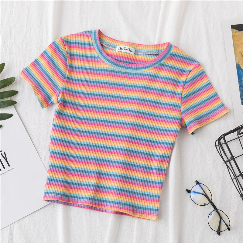 Crop T-shirt Women Short Short Sleeve Rainbow Stripe Tight Navel Small Shirt New HyunA Wind High Waist Top