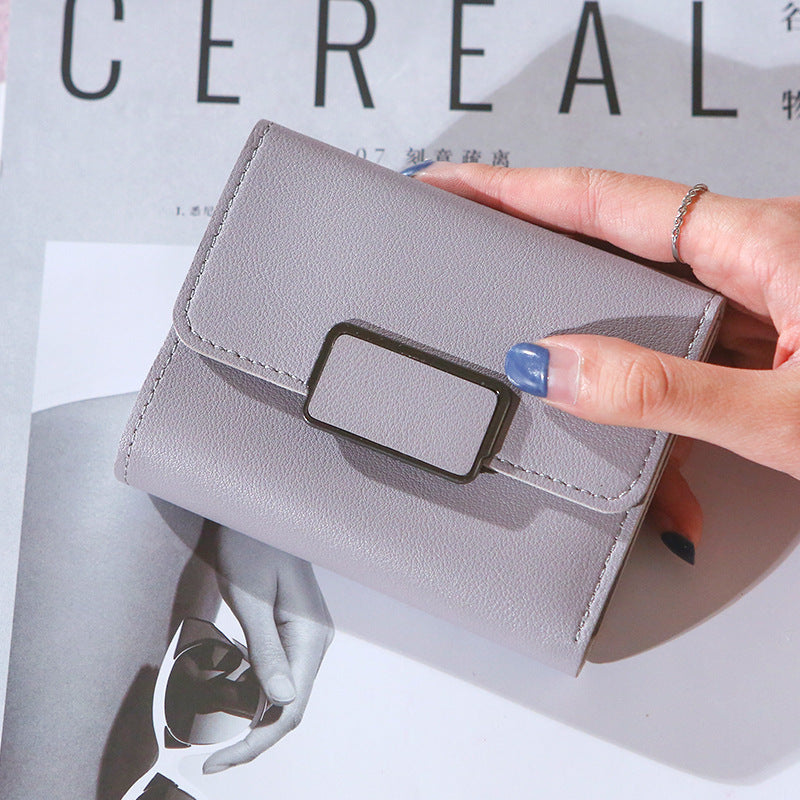 Short Trendy Simple Checkered Decoration Fashion Litchi Pattern Women'S Solid Color Tri-Fold Student Wallet