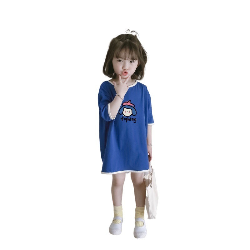 Cotton Loose Girl Dress Short Sleeve T-Shirt Dress Cute Color Block Top