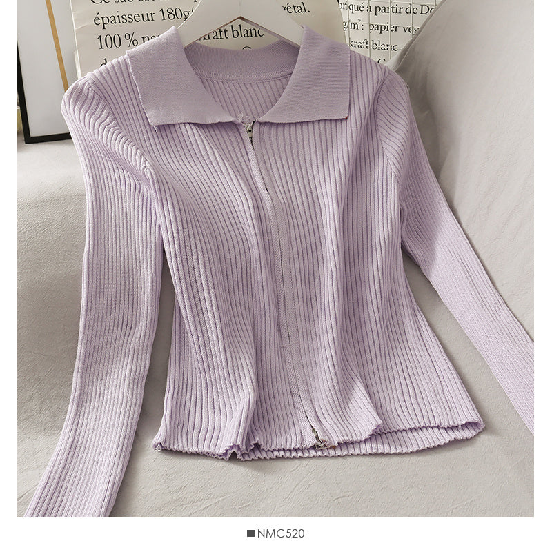 Personalized Double-Headed Zipper Tight-Fitting Vertical Stripes Long-Sleeved Knitted Cardigan Jacket Women Slim Slimming Short Knitted Jacket