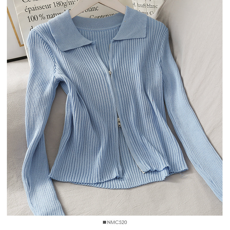 Personalized Double-Headed Zipper Tight-Fitting Vertical Stripes Long-Sleeved Knitted Cardigan Jacket Women Slim Slimming Short Knitted Jacket