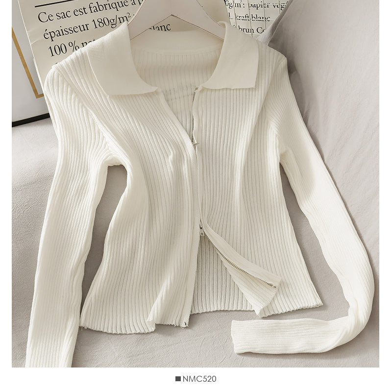 Personalized Double-Headed Zipper Tight-Fitting Vertical Stripes Long-Sleeved Knitted Cardigan Jacket Women Slim Slimming Short Knitted Jacket