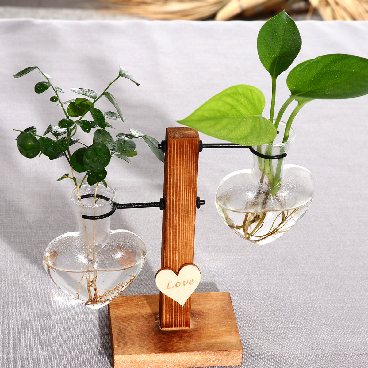 Creative Love Love Hydroponic Glass Vase Wooden Living Room Flower Arrangement Ornament Set Plant