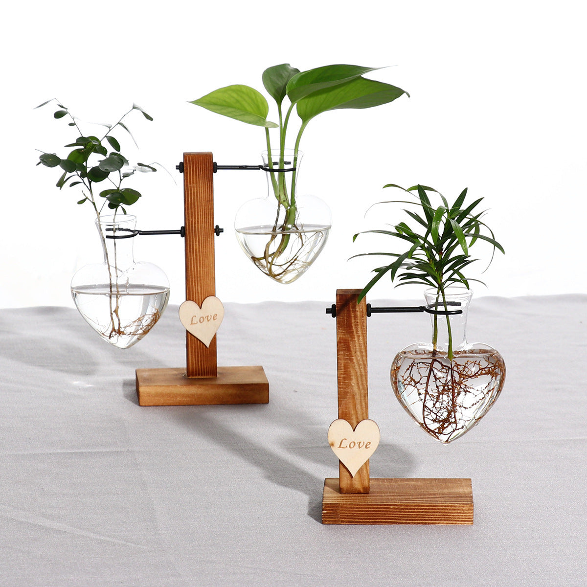 Creative Love Love Hydroponic Glass Vase Wooden Living Room Flower Arrangement Ornament Set Plant