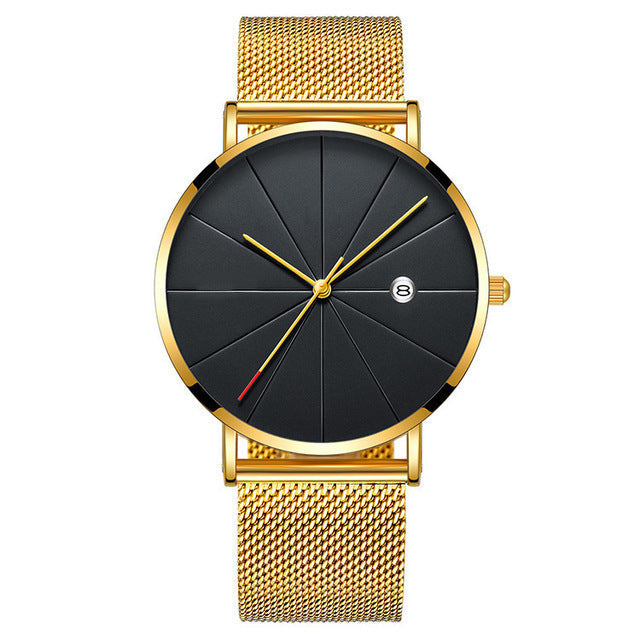 Slim Calendar Thin Mens Watch Stainless Steel Mesh Band