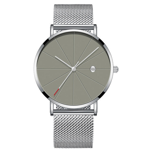 Slim Calendar Thin Mens Watch Stainless Steel Mesh Band
