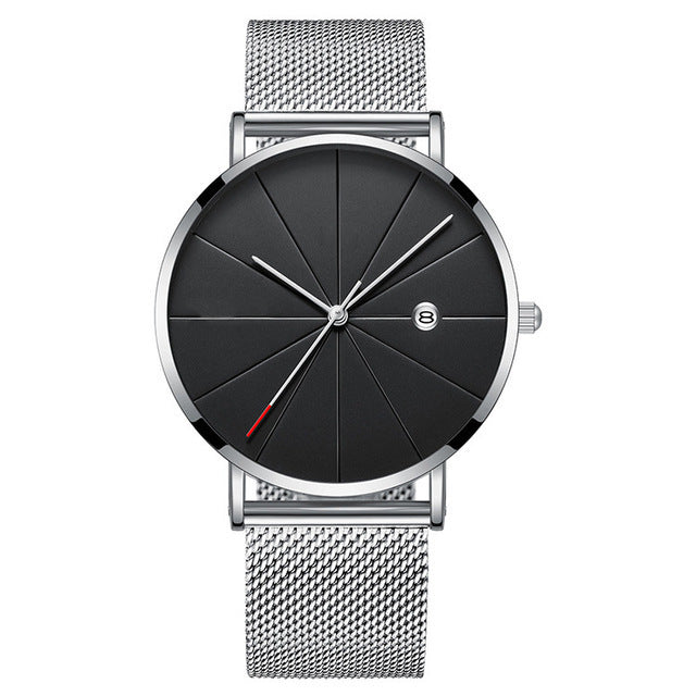 Slim Calendar Thin Mens Watch Stainless Steel Mesh Band