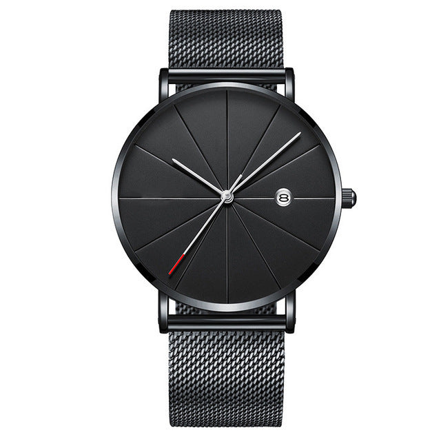Slim Calendar Thin Mens Watch Stainless Steel Mesh Band
