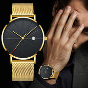Slim Calendar Thin Mens Watch Stainless Steel Mesh Band