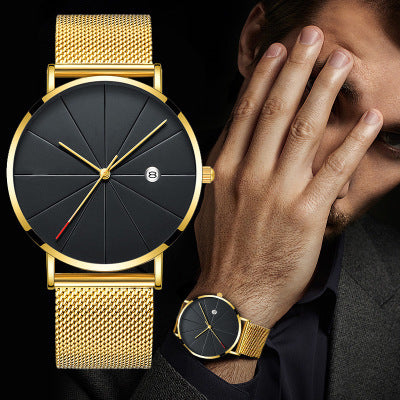 Slim Calendar Thin Mens Watch Stainless Steel Mesh Band