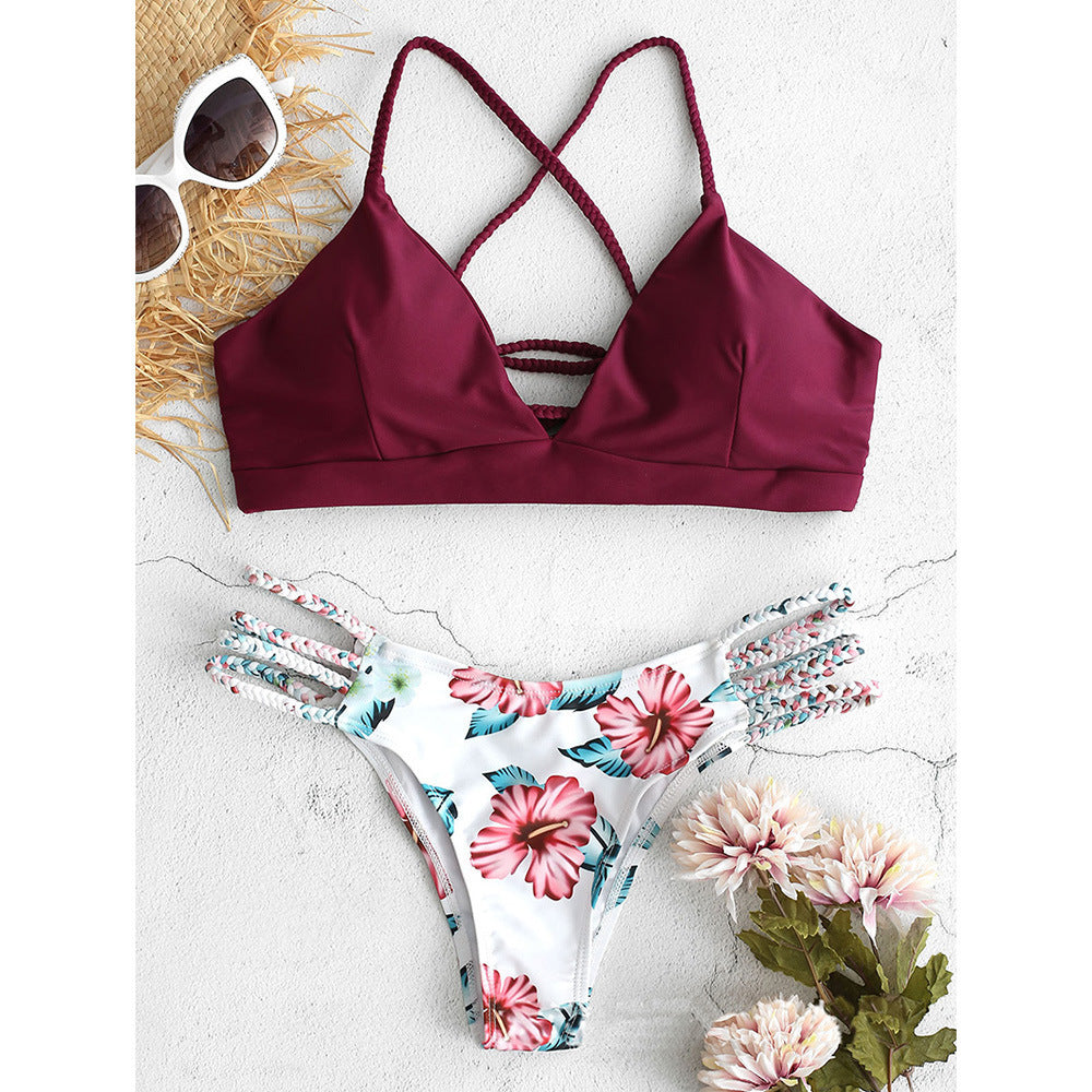Floral Backless Sexy Women’s Padded Bikini – Lightweight Polyester Swimwear