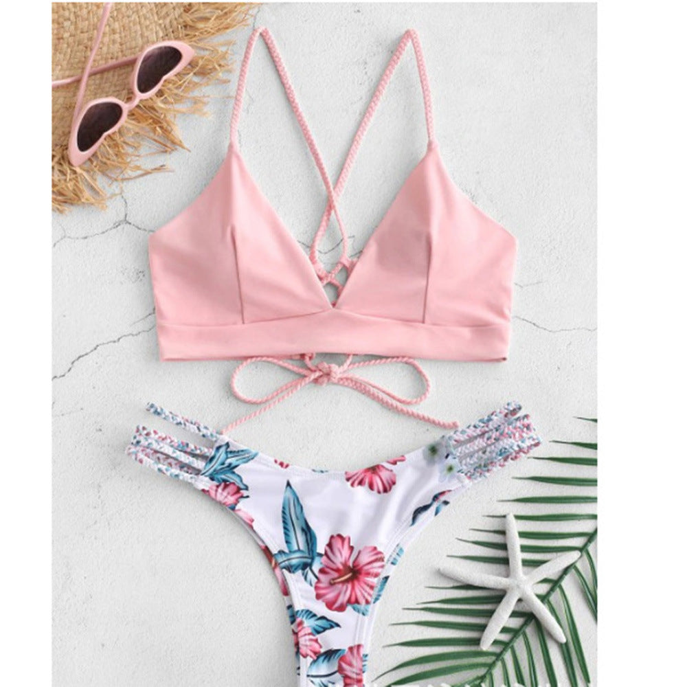 Floral Backless Sexy Women’s Padded Bikini – Lightweight Polyester Swimwear