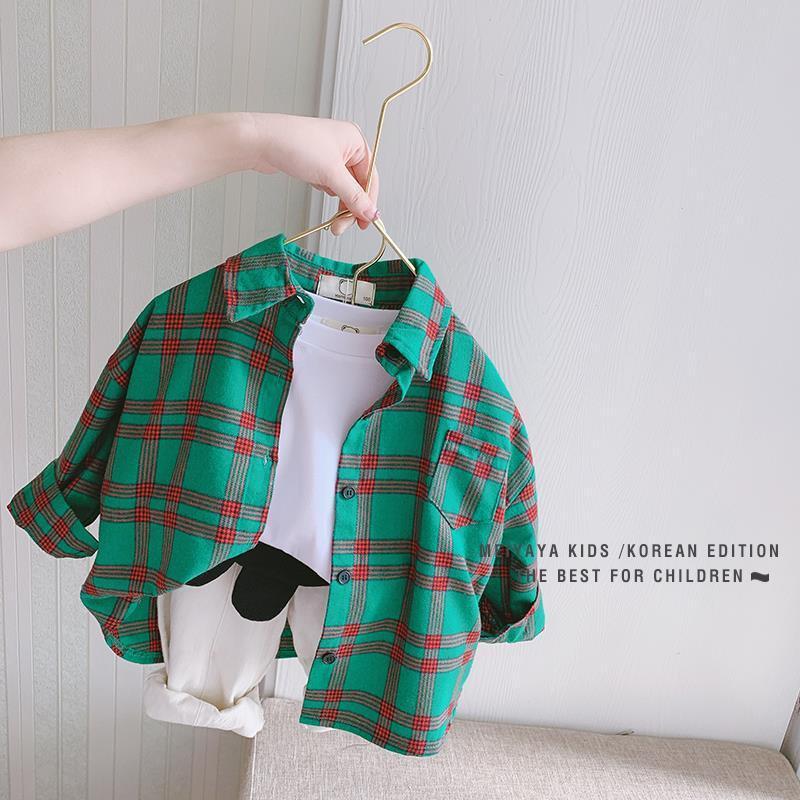 Kids Unisex Plaid Cotton Shirt Korean Collar Regular Fit