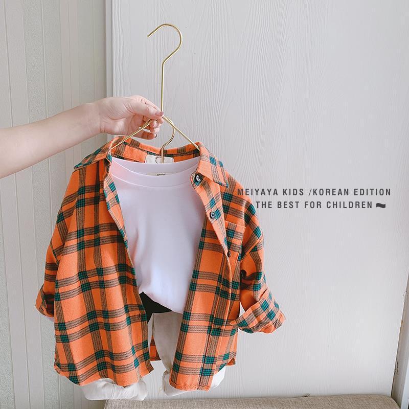 Kids Unisex Plaid Cotton Shirt Korean Collar Regular Fit