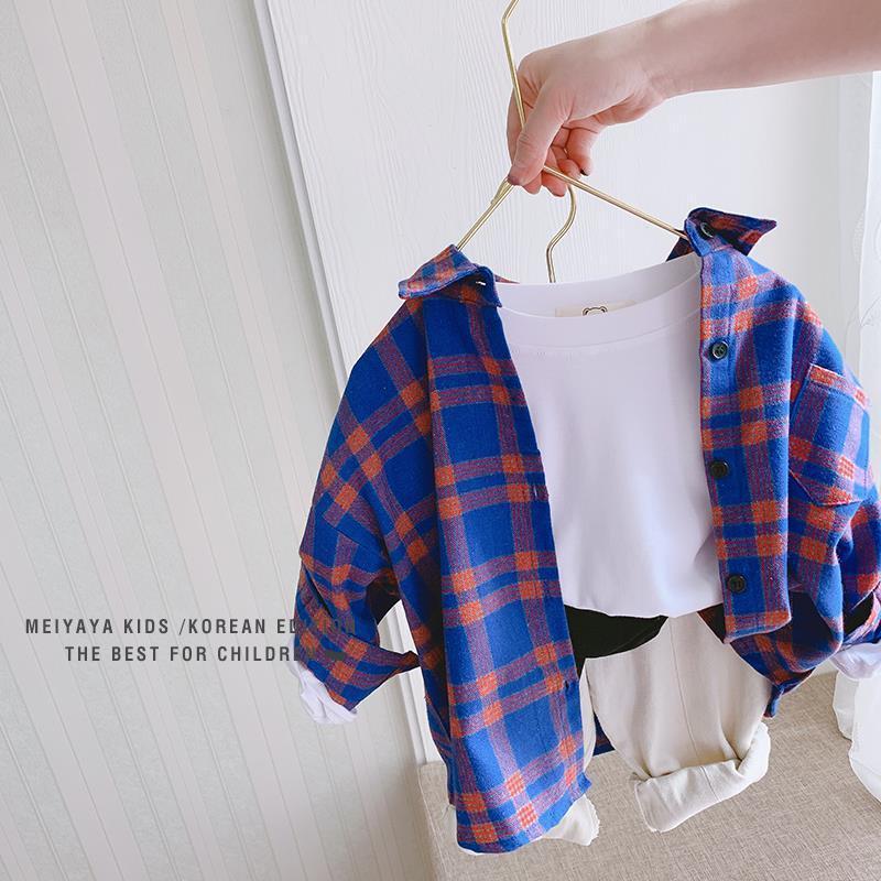 Kids Unisex Plaid Cotton Shirt Korean Collar Regular Fit