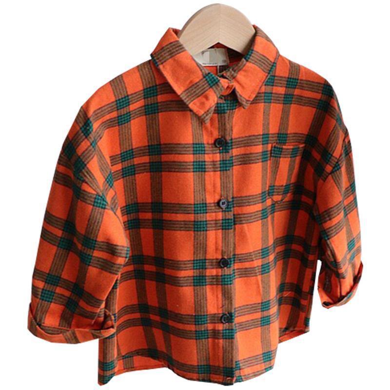 Kids Unisex Plaid Cotton Shirt Korean Collar Regular Fit