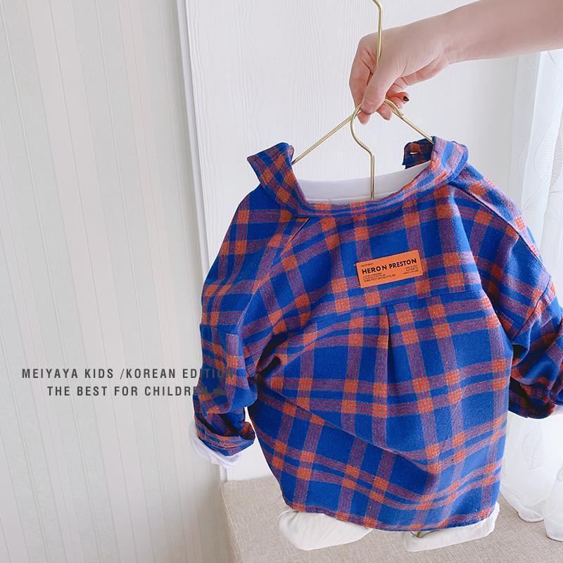 Kids Unisex Plaid Cotton Shirt Korean Collar Regular Fit
