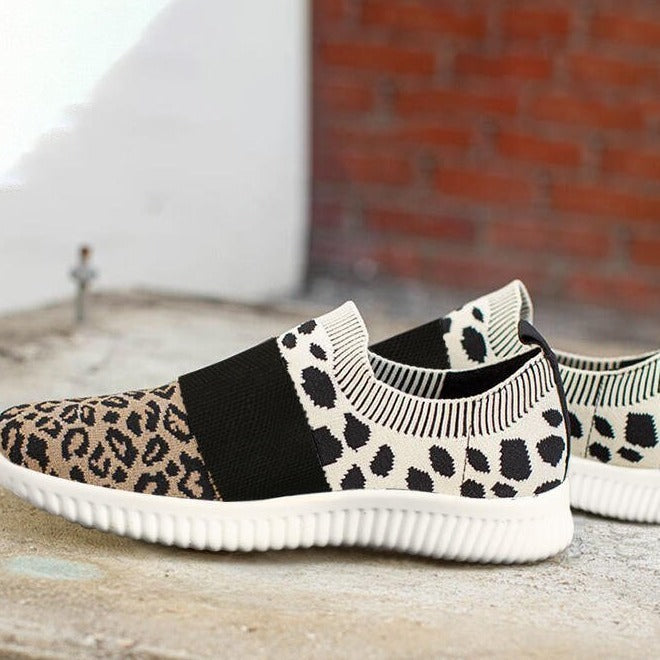 Women’s Slip-On Knitted Casual Mesh Leopard Tennis Walking Sock Sneakers