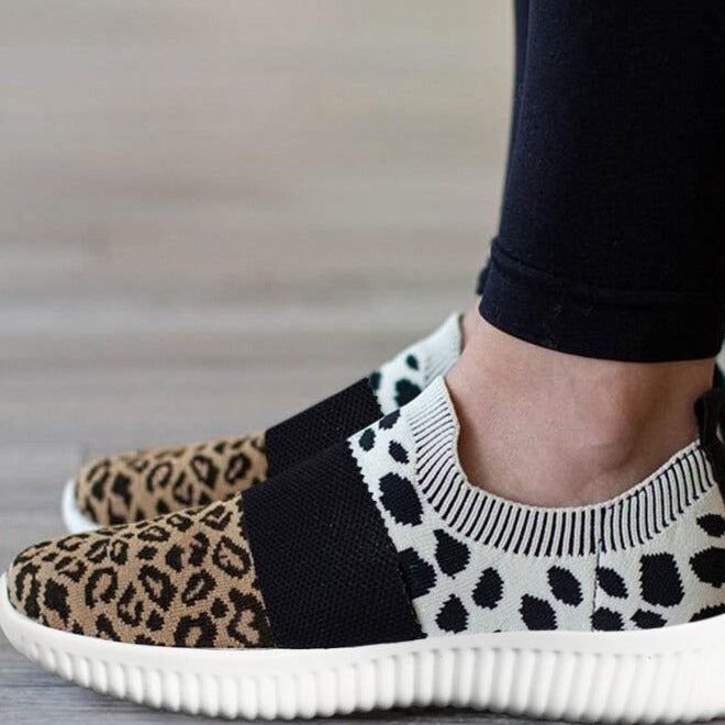 Women’s Slip-On Knitted Casual Mesh Leopard Tennis Walking Sock Sneakers