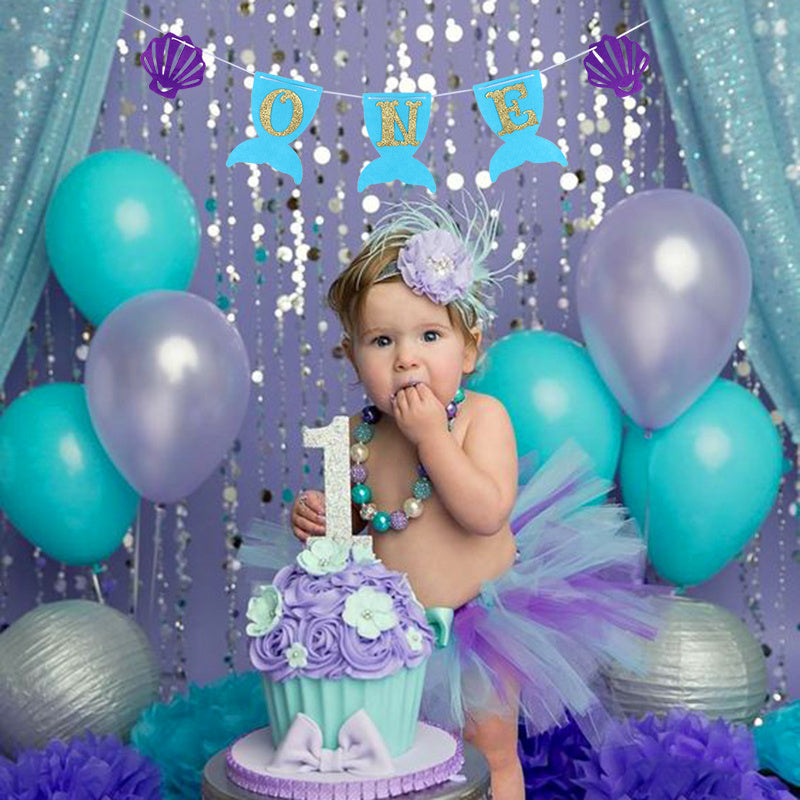 Happy Birthday Banner Mermaid Party Decoration Garland Baby Girl 1st Birthday Decor Mermaid Tail Shell Banner Baby shower Supply