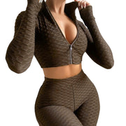 Women’s Textured Zip-Up Crop Jacket and High-Waist Leggings 2-Piece Set