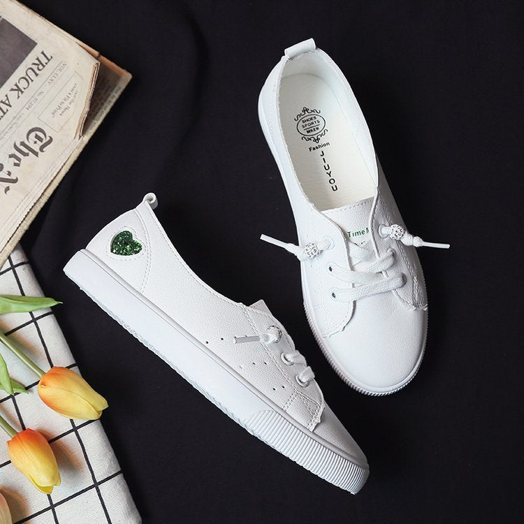 Womens Flat Sneakers Shoes Slip On Lace Up White Heart Cute