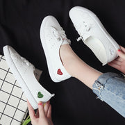 Womens Flat Sneakers Shoes Slip On Lace Up White Heart Cute