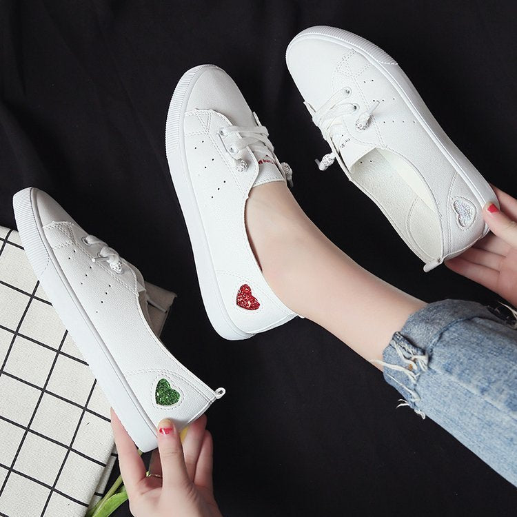 Women's Flat Sneakers Slip On White Heart Pattern PU