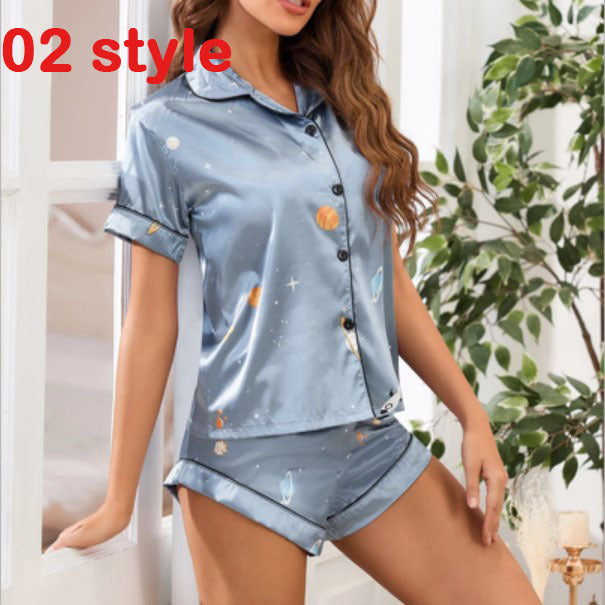 Women's Satin Print Pajama Shorts Set Relaxed Loungewear